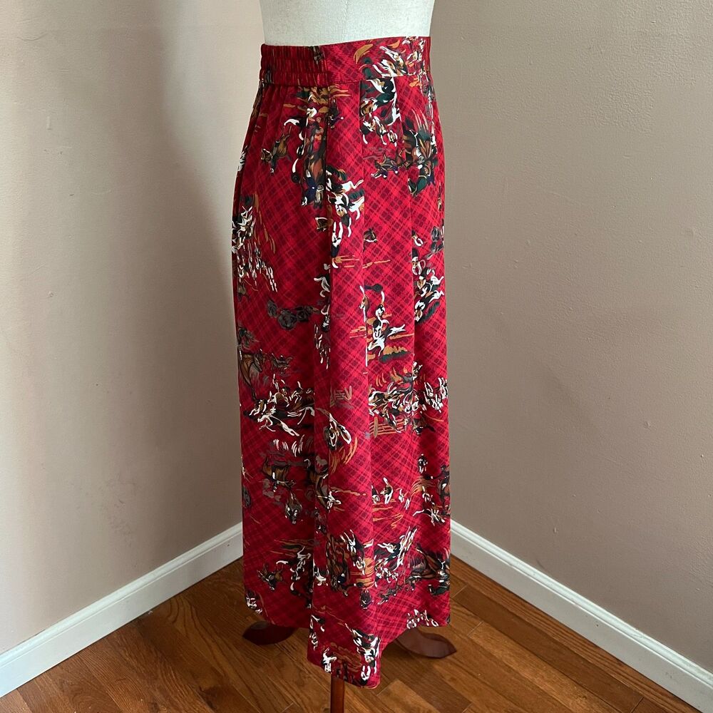 Vintage Leslie Fay Red Equestrian Horse Print Midi Skirt Derby Prairie Size 8P - Picture 3 of 12